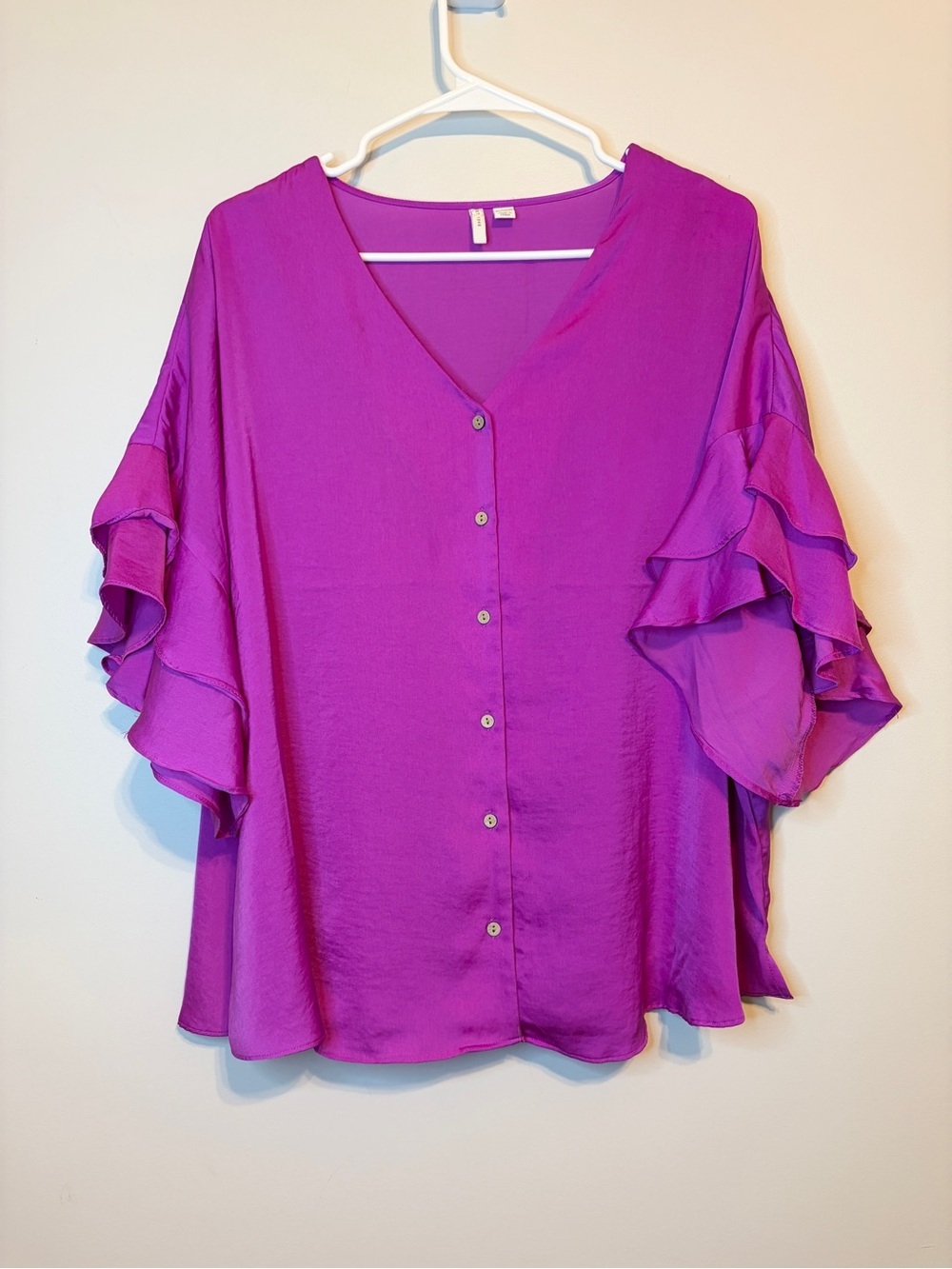 Cato Magenta V-Neck Button-Front Blouse with Ruffle Sleeves